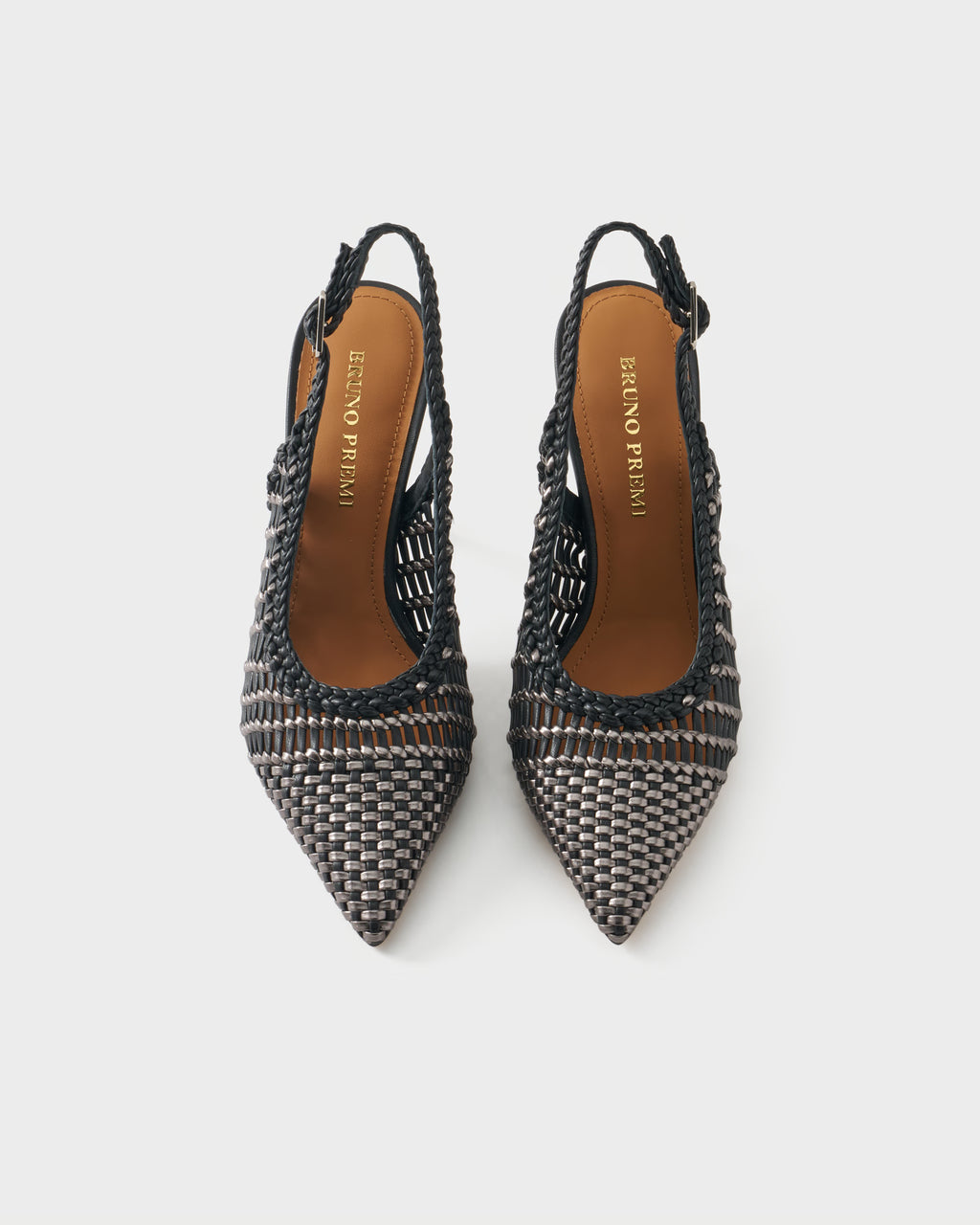 Pointed-toe slingback pump with laminated woven upper