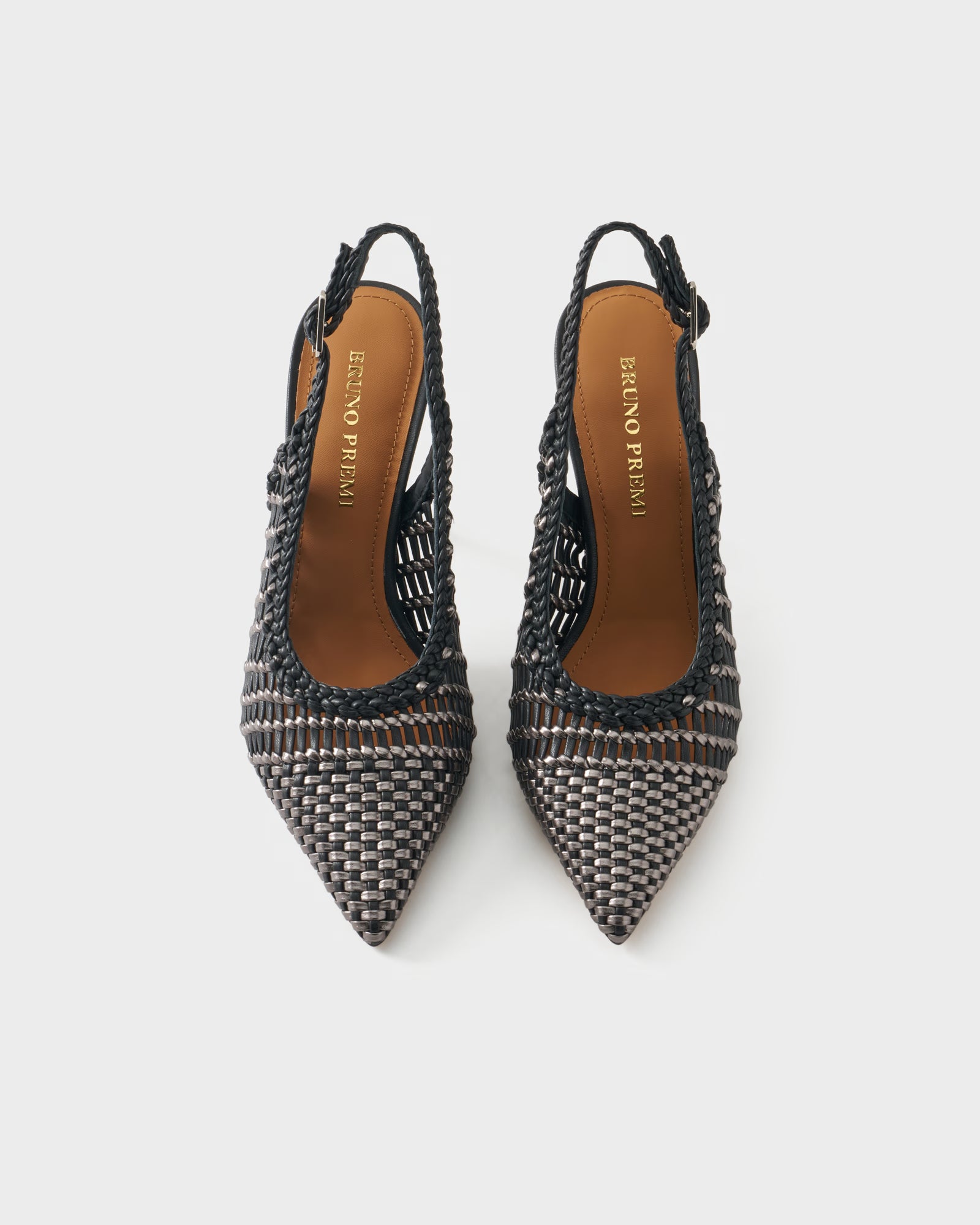 Pointed-toe slingback pump with laminated woven upper
