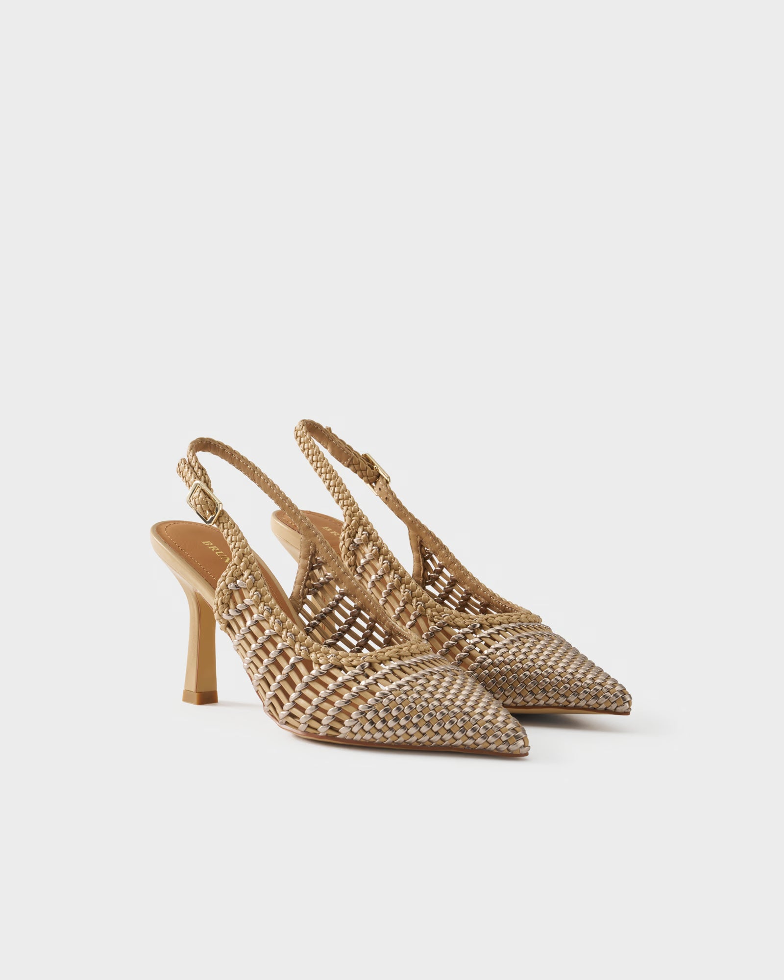Pointed-toe slingback pump with laminated woven upper