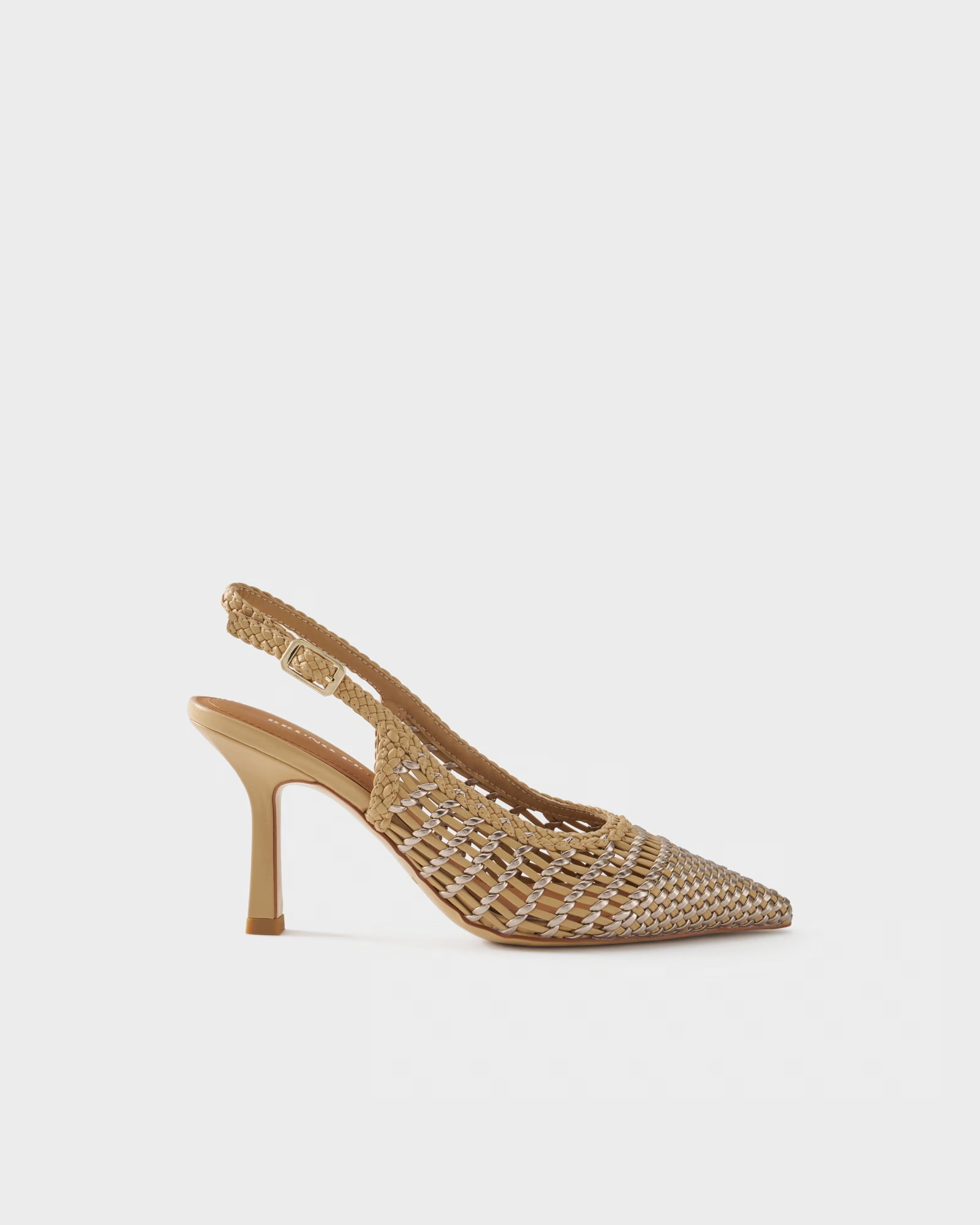 Pointed-toe slingback pump with laminated woven upper