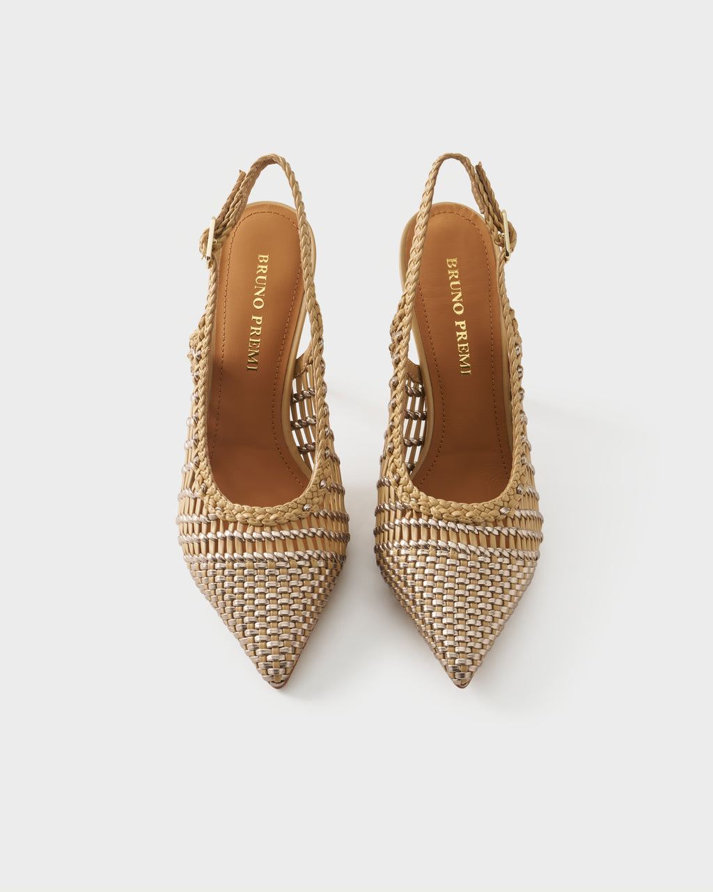 Pointed-toe slingback pump with laminated woven upper