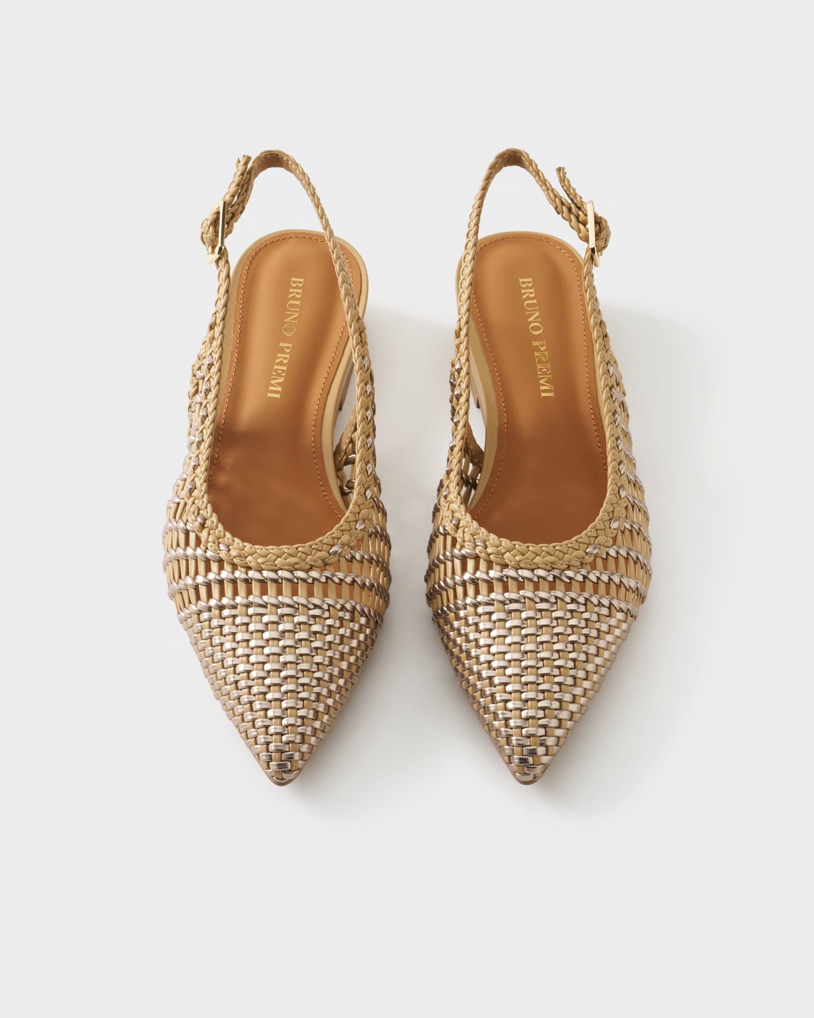 Pointed-toe slingback ballerina with laminated woven upper