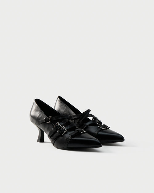 Pointed-toe pumps with straps and buckles